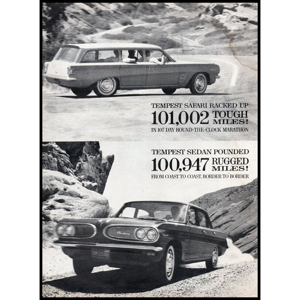 1961 Pontiac Tempest Safari and Sedan Vintage Print Ad Off Road Desert Wall Art